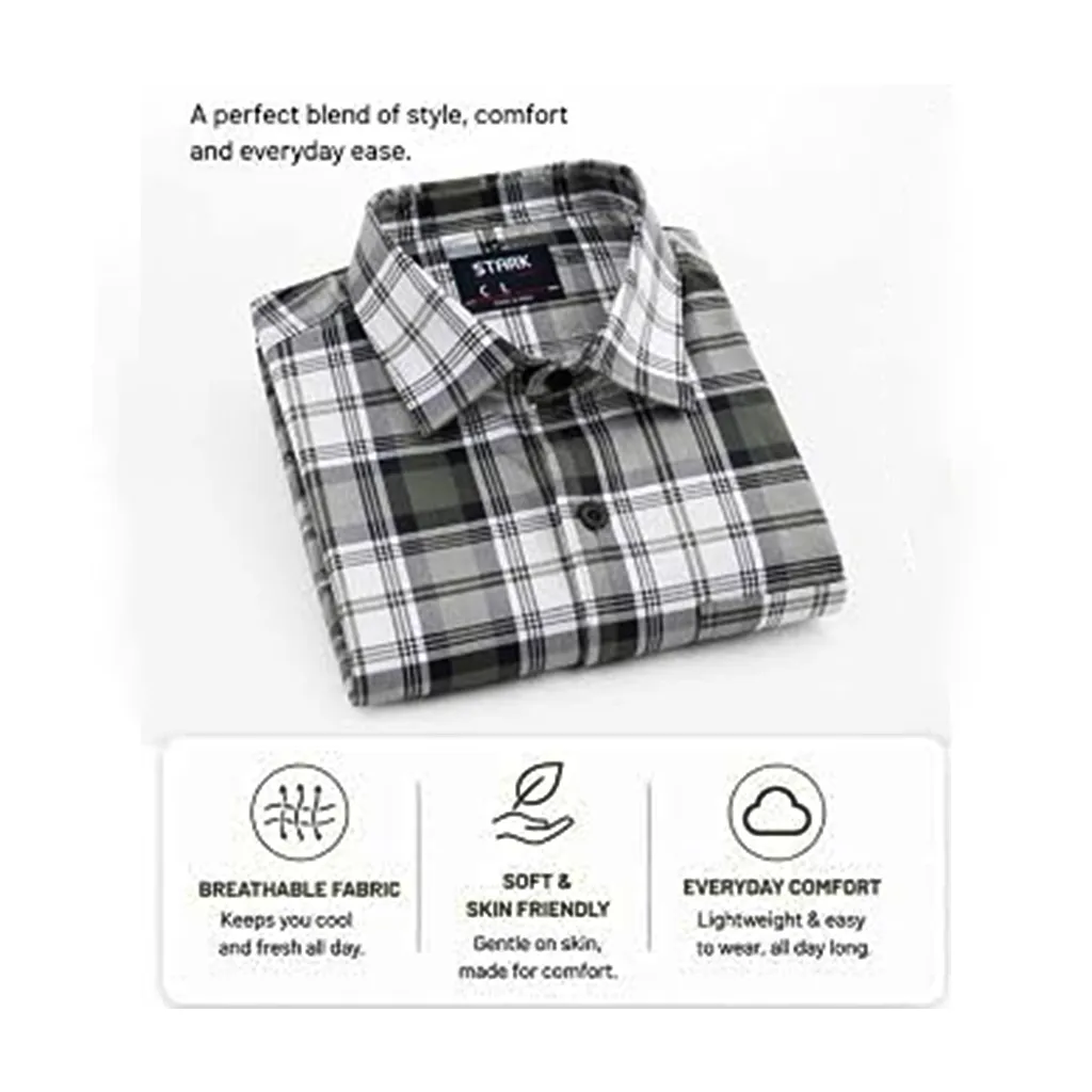 Men's Checkered Cotton Casual Shirt, Grey Black White, XL, Full Sleeve