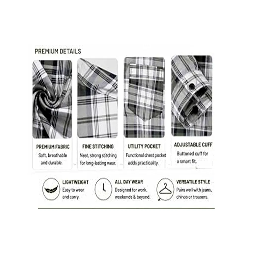 Men's Checkered Cotton Casual Shirt, Grey Black White, XL, Full Sleeve
