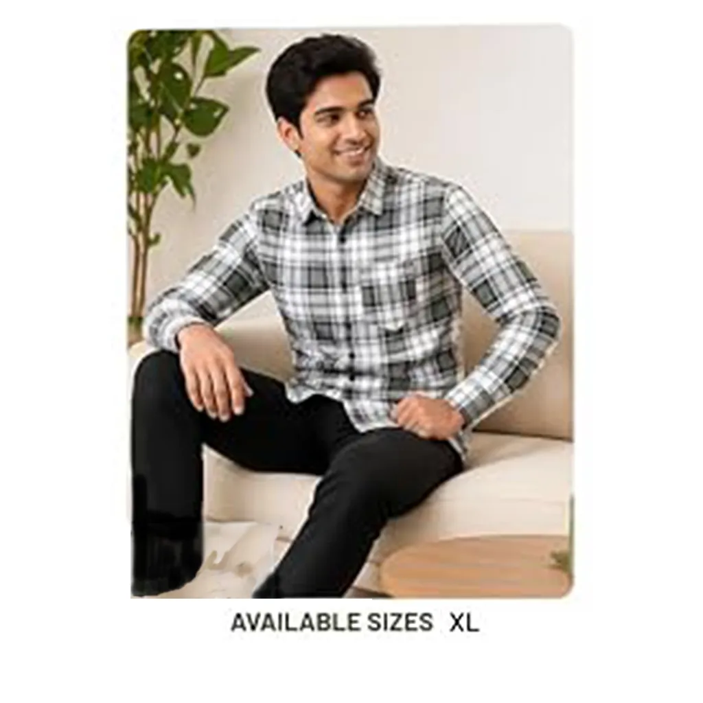 Men's Checkered Cotton Casual Shirt, Grey Black White, XL, Full Sleeve