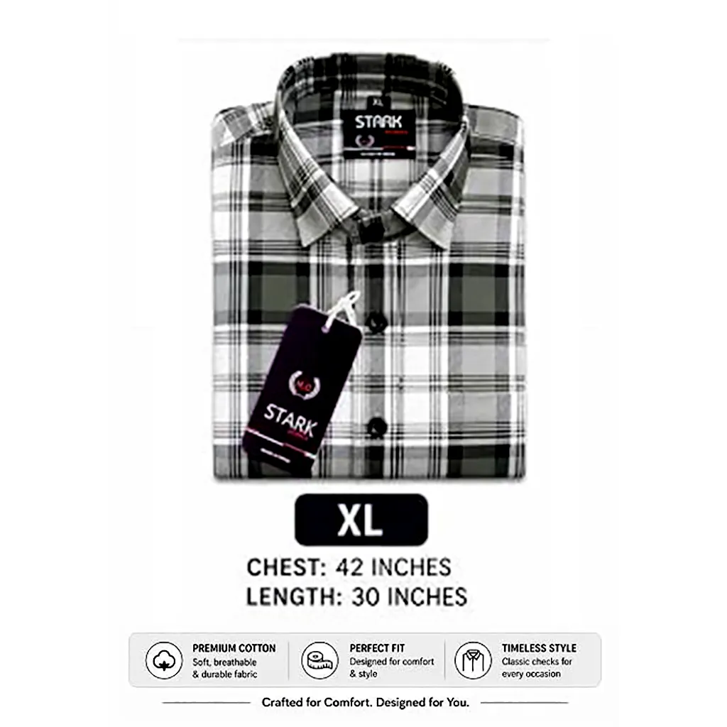 Men's Checkered Cotton Casual Shirt, Grey Black White, XL, Full Sleeve
