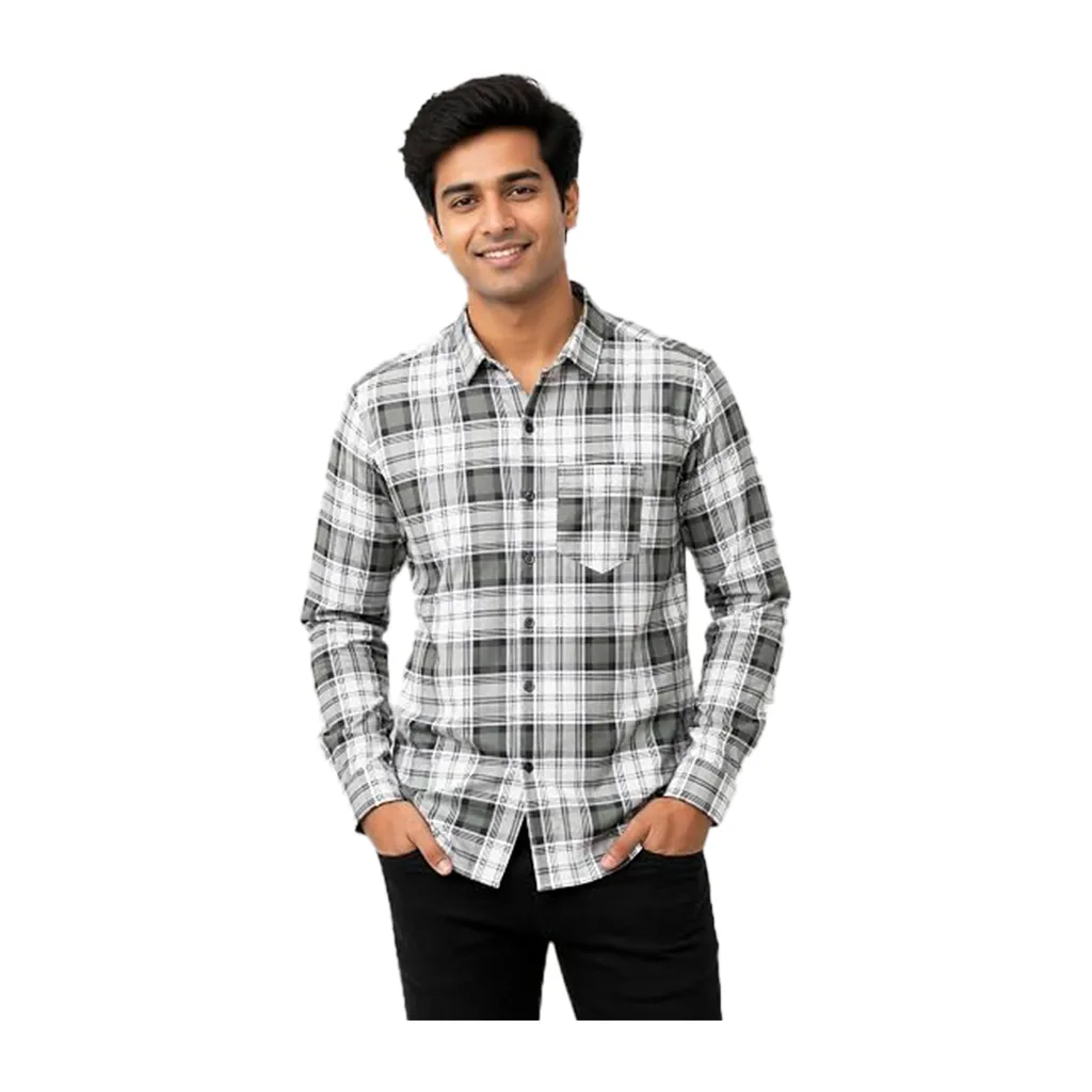 Men's Checkered Cotton Casual Shirt, Grey Black White, XL, Full Sleeve