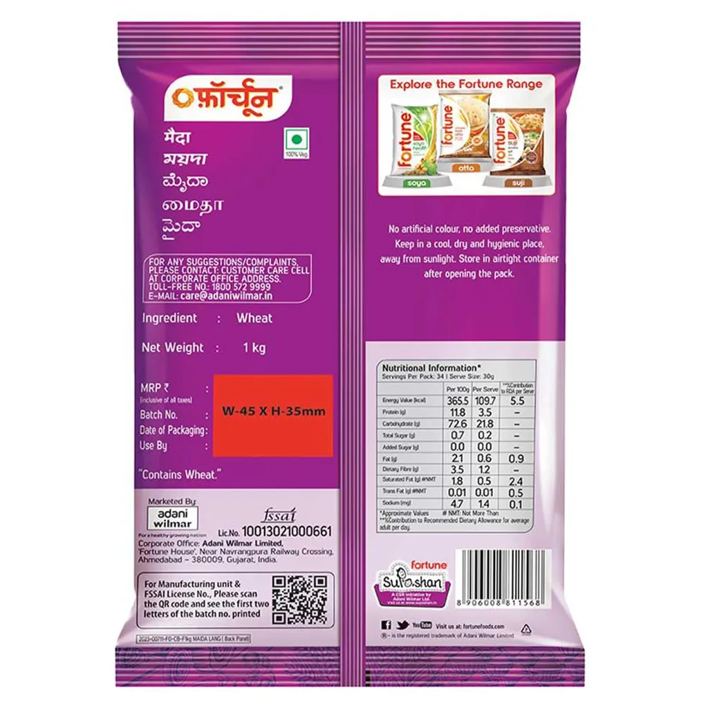 Fortune Maida 1kg – Fine Refined Wheat Flour for Baking & Snacks