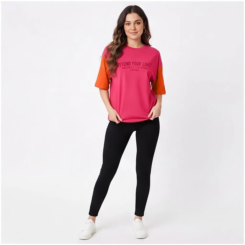 LEOTUDE Women's Oversized T-Shirt Pink Printed Cotton Blend Half Sleeve XL