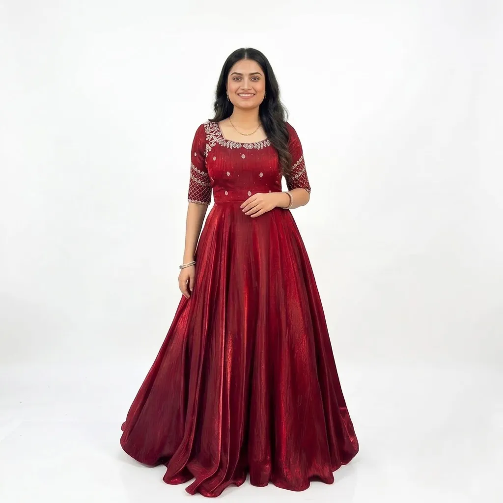 Maroon Anarkali Gown for Women with Zari Embroidery and Dupatta, Size L