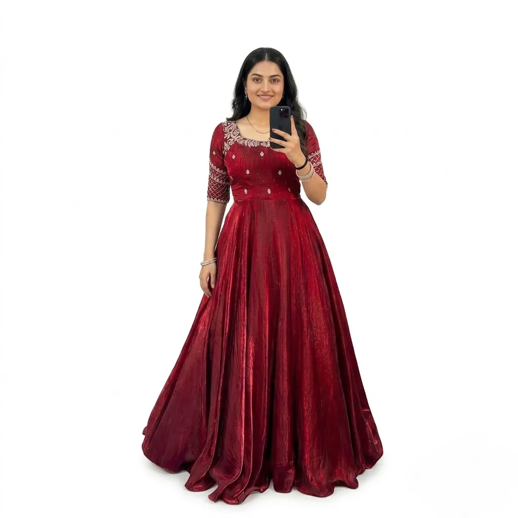 Maroon Anarkali Gown for Women with Zari Embroidery and Dupatta, Size L