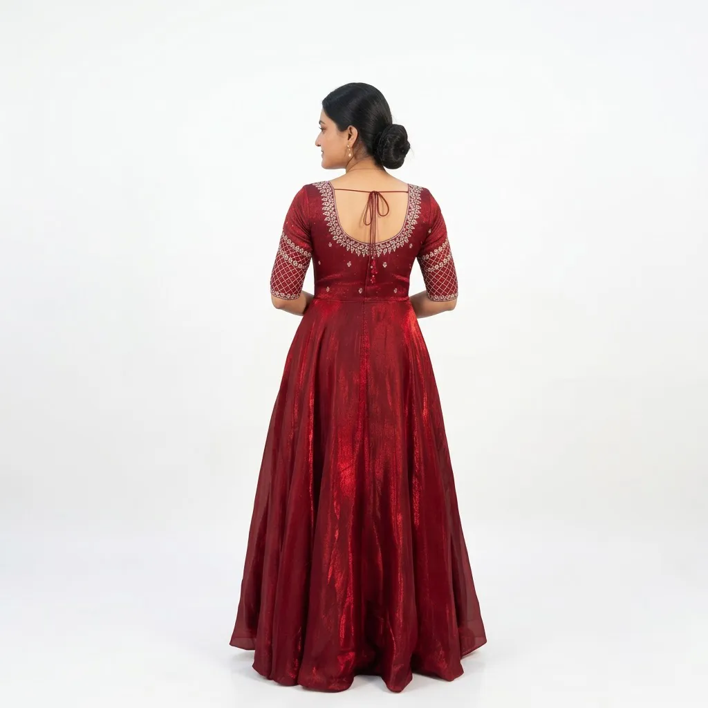 Maroon Anarkali Gown for Women with Zari Embroidery and Dupatta, Size L
