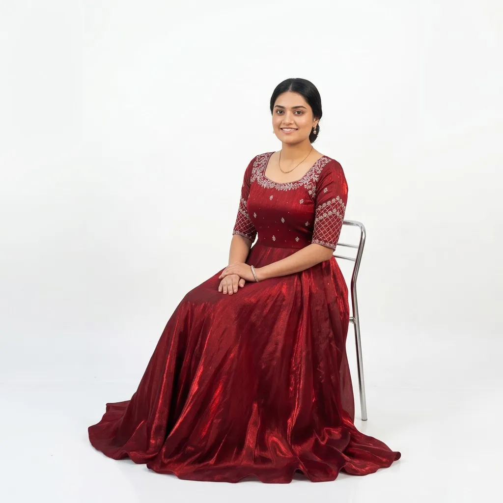 Maroon Anarkali Gown for Women with Zari Embroidery and Dupatta, Size L