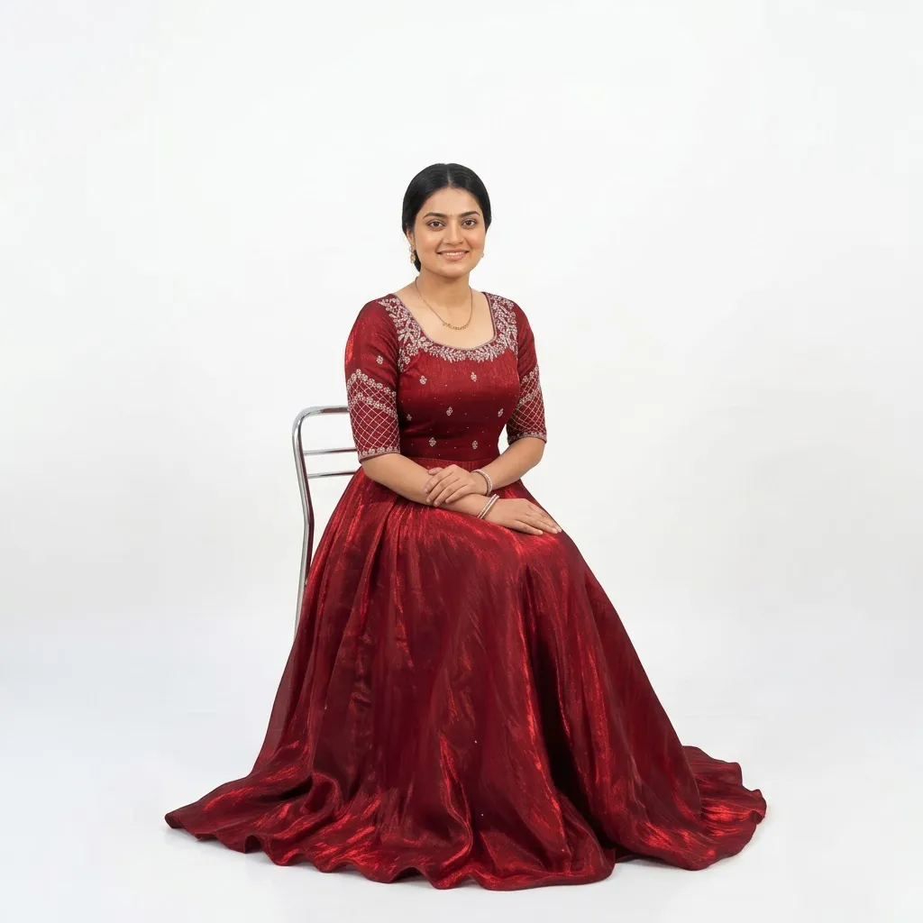Maroon Anarkali Gown for Women with Zari Embroidery and Dupatta, Size L