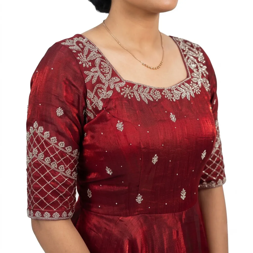 Maroon Anarkali Gown for Women with Zari Embroidery and Dupatta, Size L