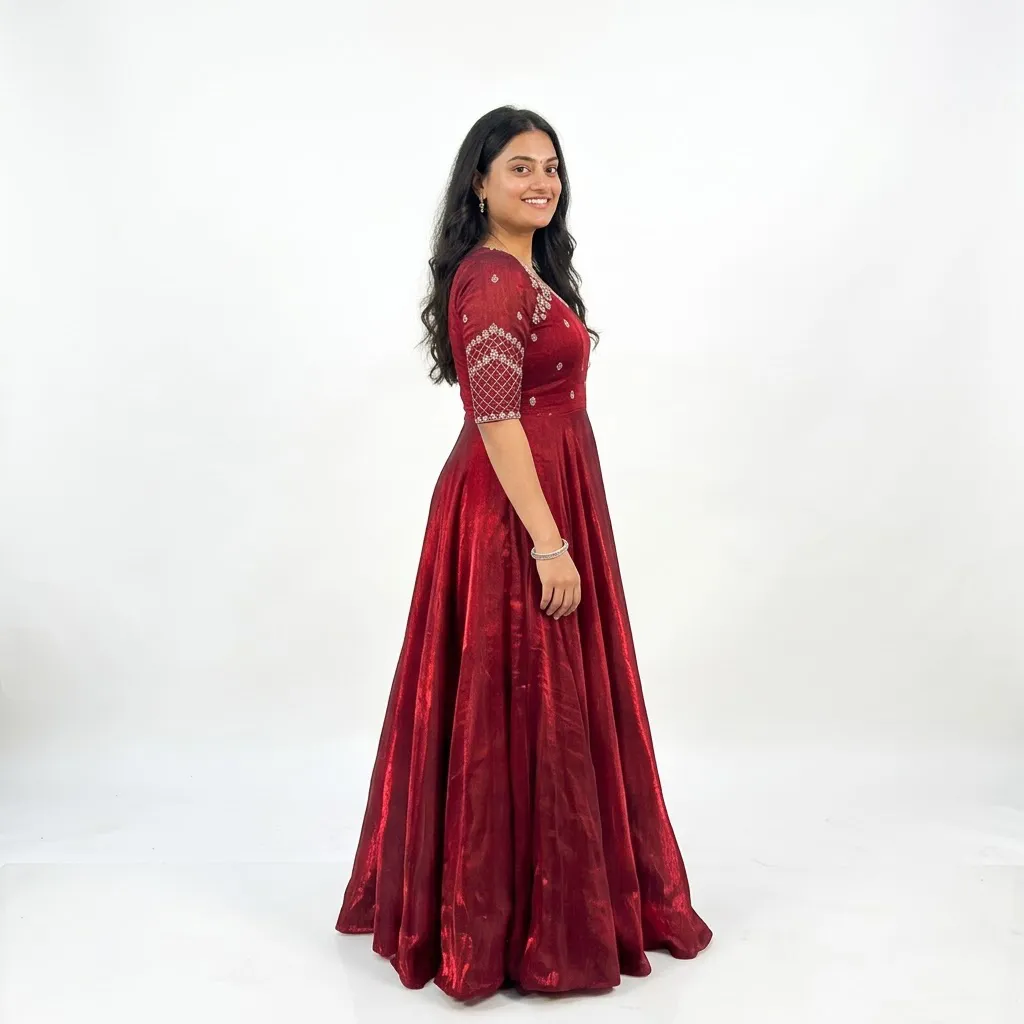 Maroon Anarkali Gown for Women with Zari Embroidery and Dupatta, Size L