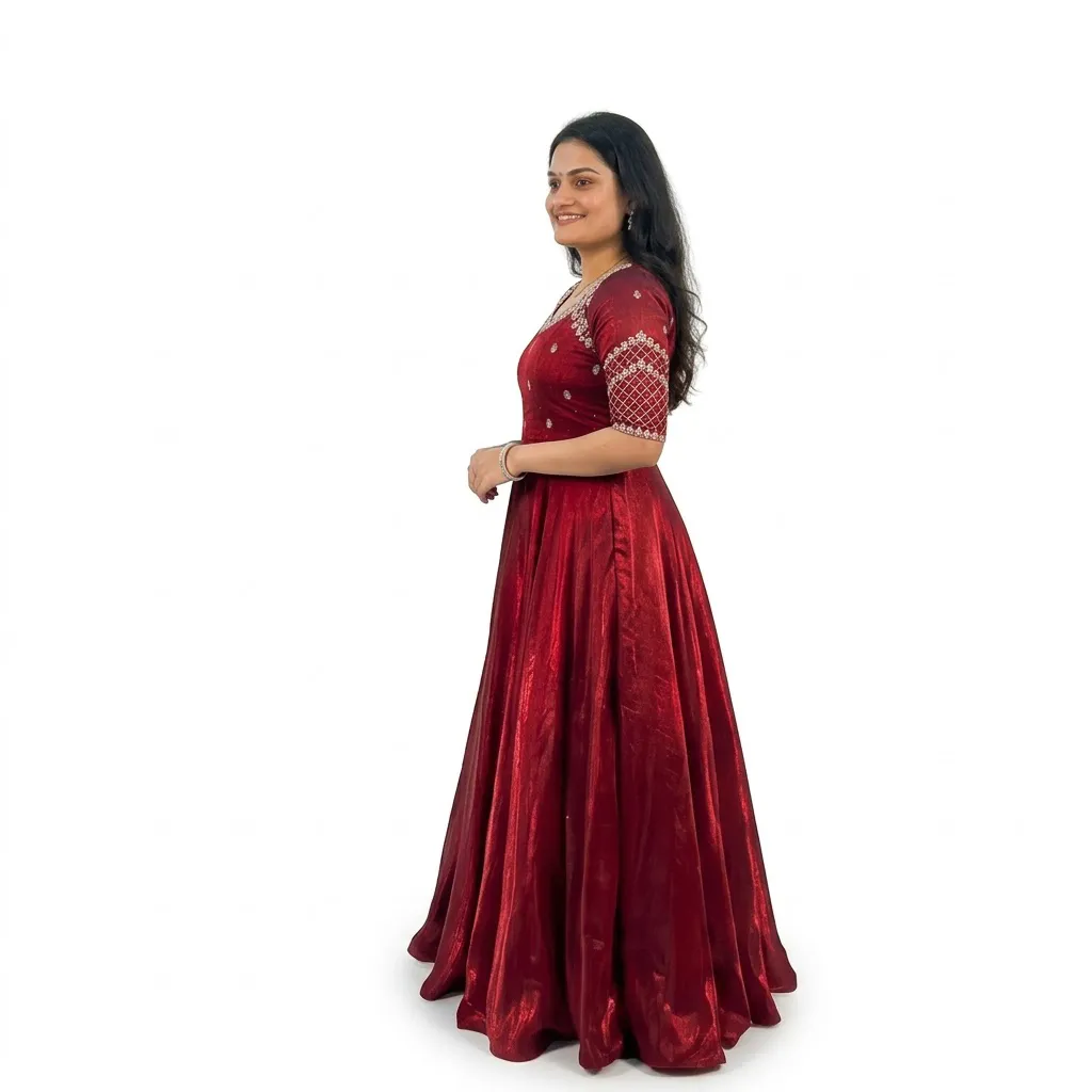 Maroon Anarkali Gown for Women with Zari Embroidery and Dupatta, Size L