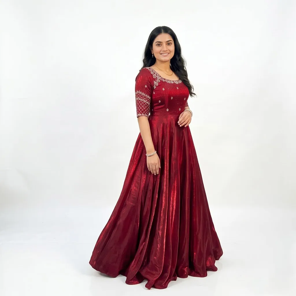 Maroon Anarkali Gown for Women with Zari Embroidery and Dupatta, Size L