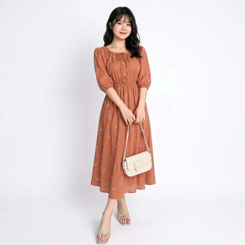 Maxi Dress for Girls - Smowklyfab Orange Cotton Blend Midi Dress, XL