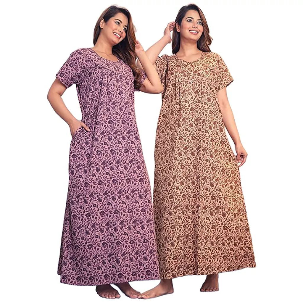 Nighty for Women - G Creation Cotton Mix Printed Nighty Combo, 54 Inch