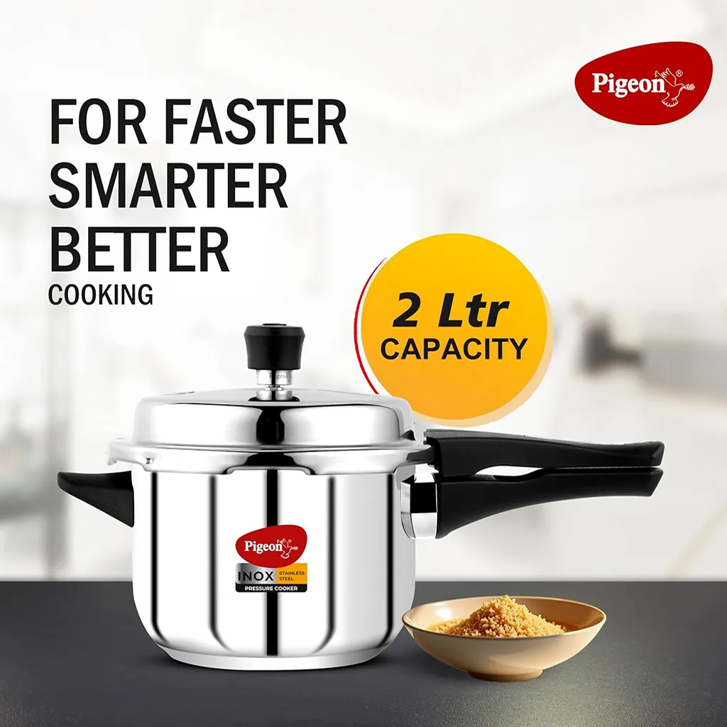Pigeon Stainless Steel Pressure Cooker 2 Litre, Induction & Gas Compatible, Silver