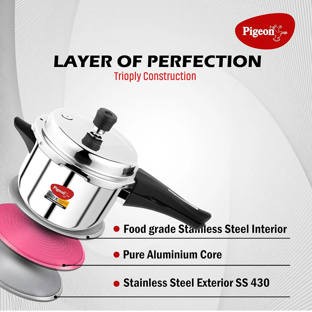 Pigeon Stainless Steel Pressure Cooker 2 Litre, Induction & Gas Compatible, Silver