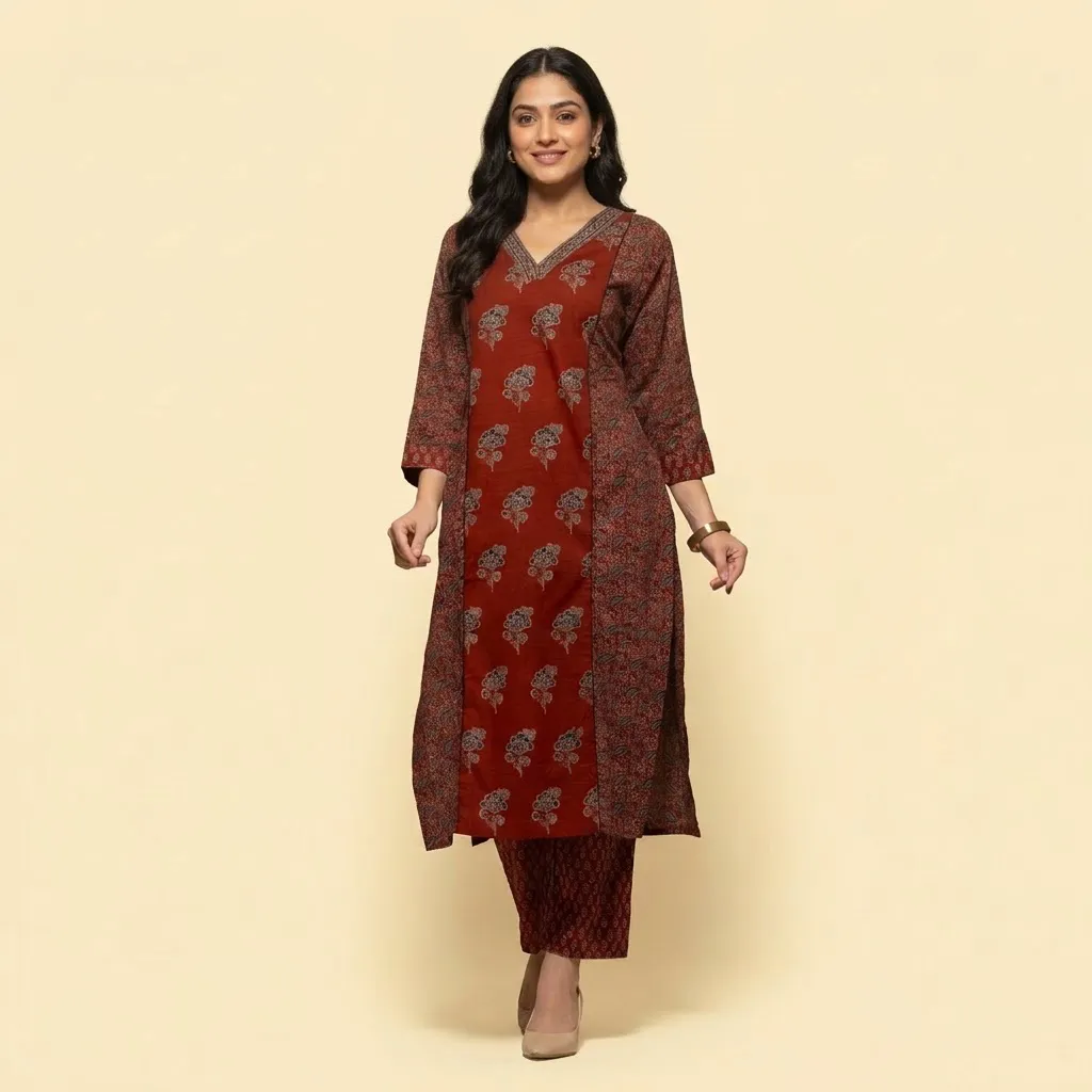 Ladies Kurtas Online – Sabhyata Rust Floral Cotton Kurta Set, XL