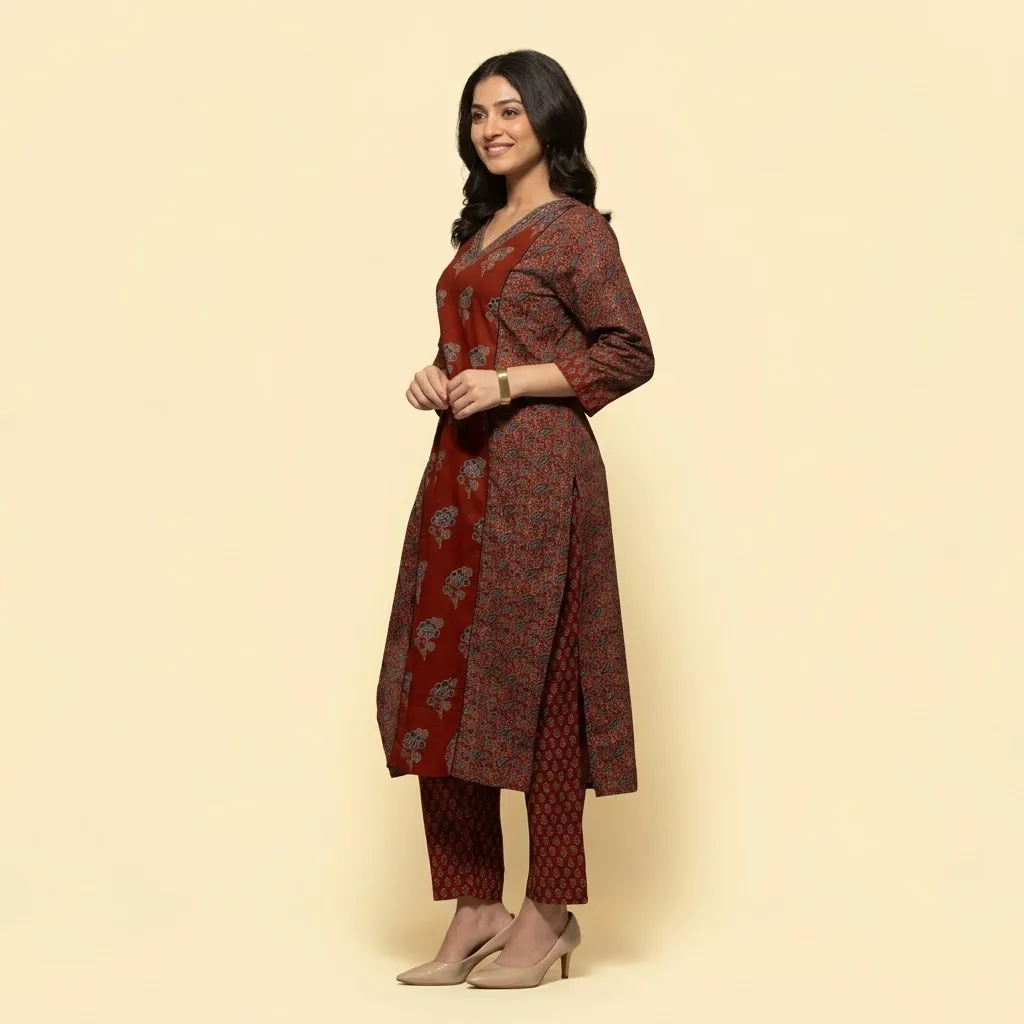 Ladies Kurtas Online – Sabhyata Rust Floral Cotton Kurta Set, XL
