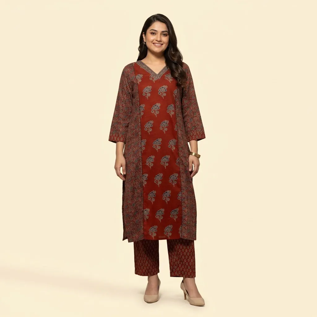 Ladies Kurtas Online – Sabhyata Rust Floral Cotton Kurta Set, XL