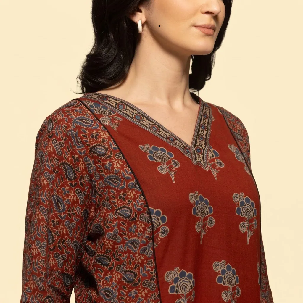 Ladies Kurtas Online – Sabhyata Rust Floral Cotton Kurta Set, XL