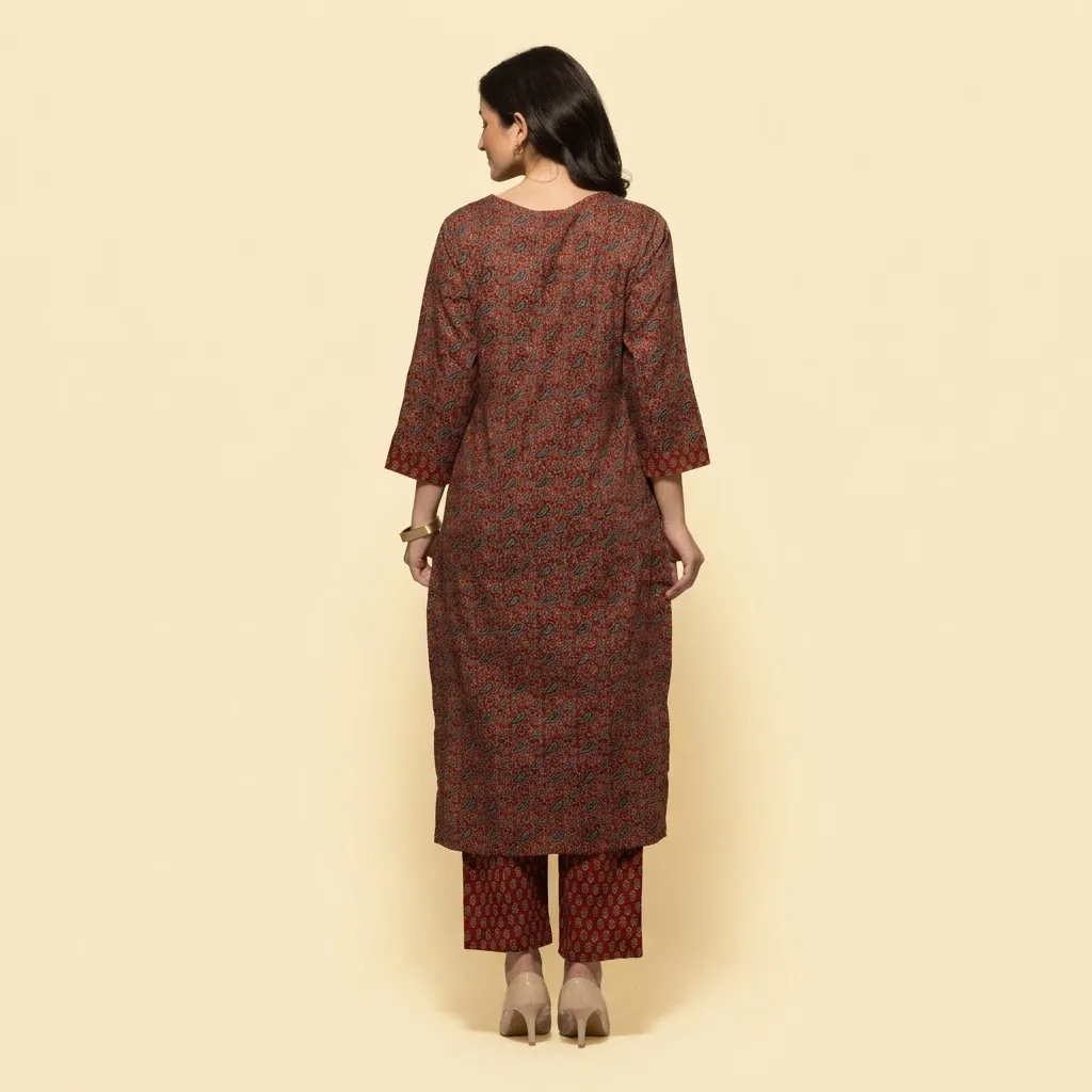 Ladies Kurtas Online – Sabhyata Rust Floral Cotton Kurta Set, XL