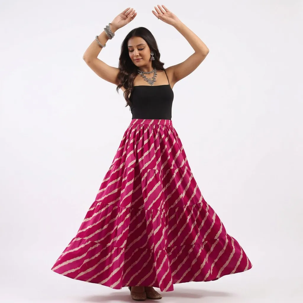 Skirts for Women – Rimeline Pink Printed Pure Cotton Maxi Flared Skirt