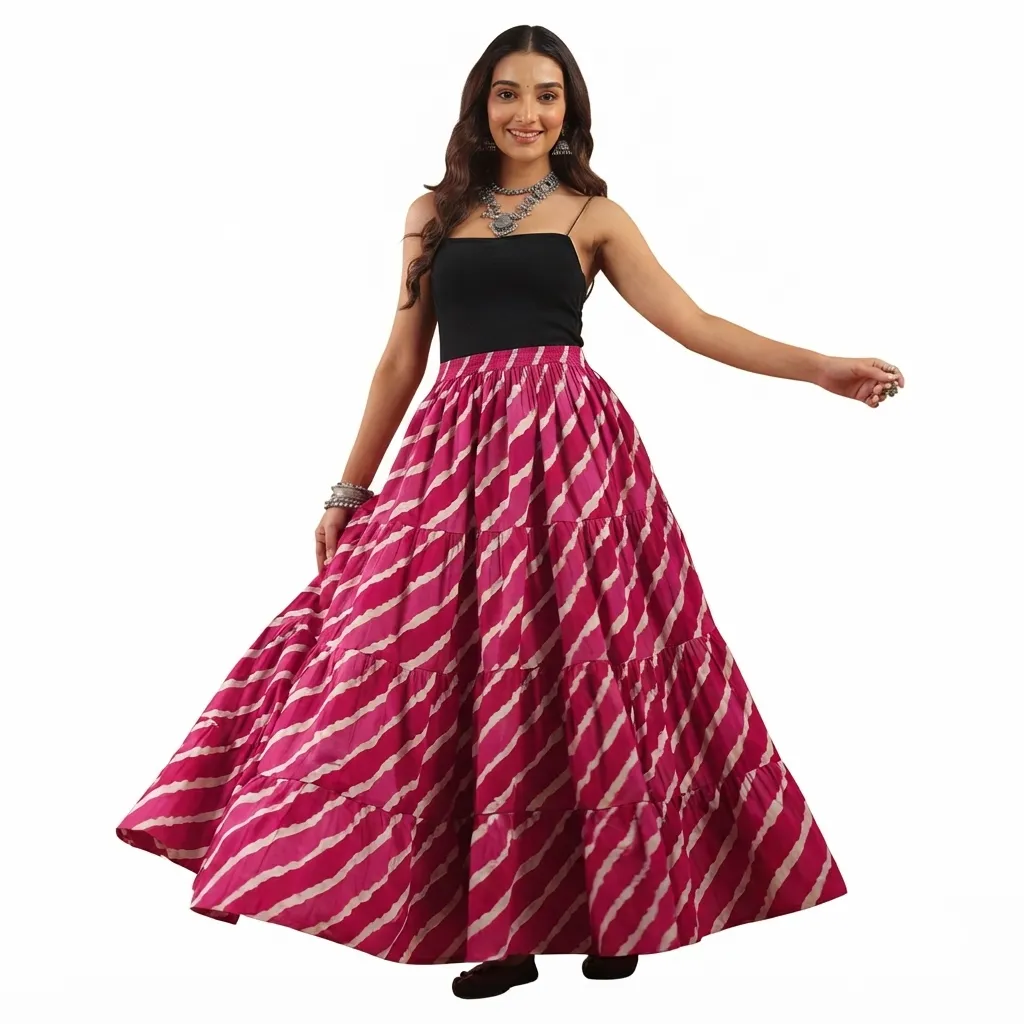 Skirts for Women – Rimeline Pink Printed Pure Cotton Maxi Flared Skirt