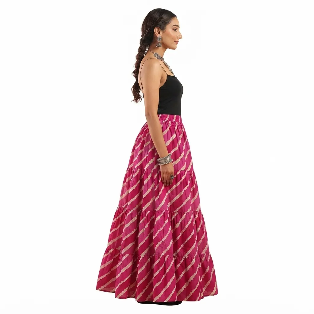 Skirts for Women – Rimeline Pink Printed Pure Cotton Maxi Flared Skirt