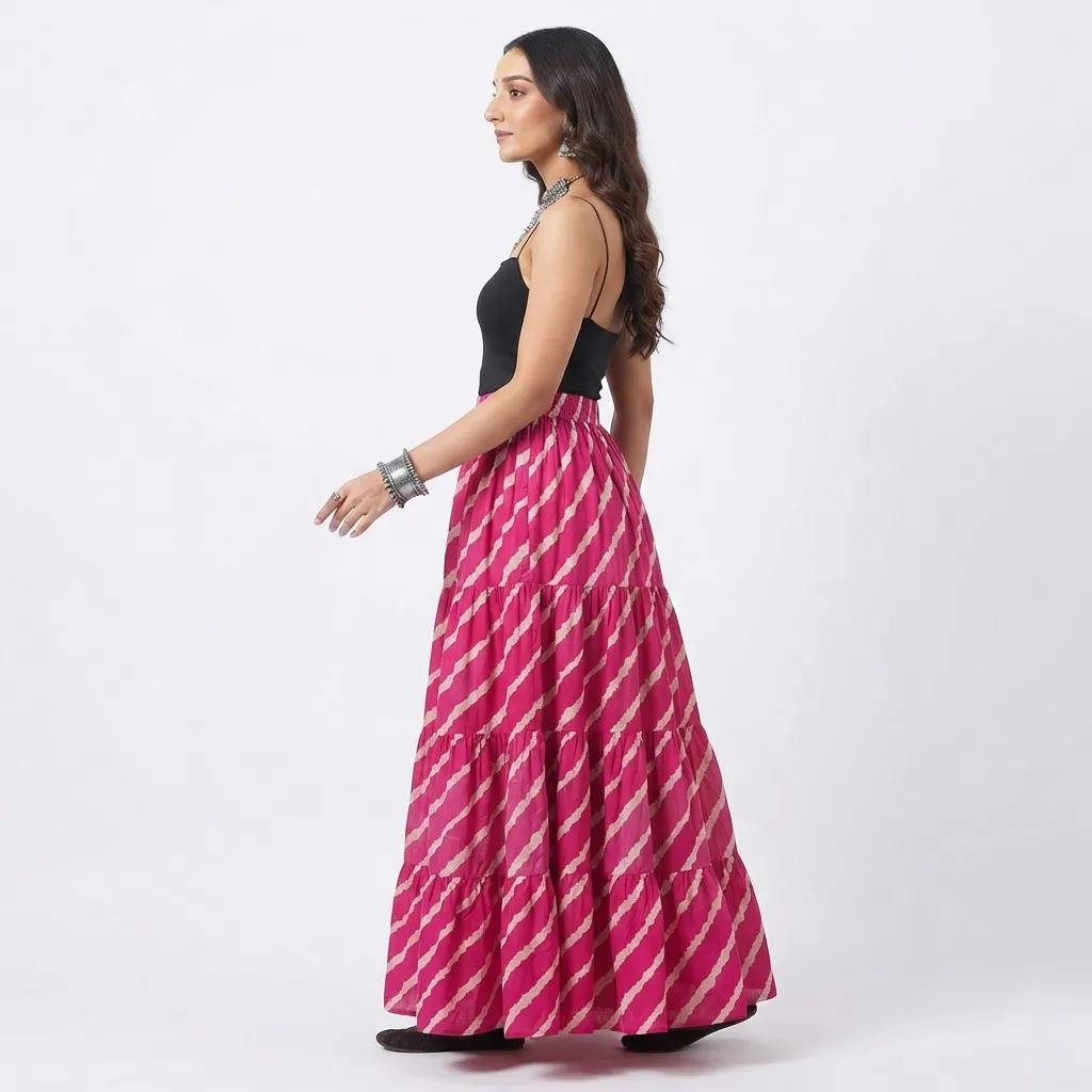 Skirts for Women – Rimeline Pink Printed Pure Cotton Maxi Flared Skirt