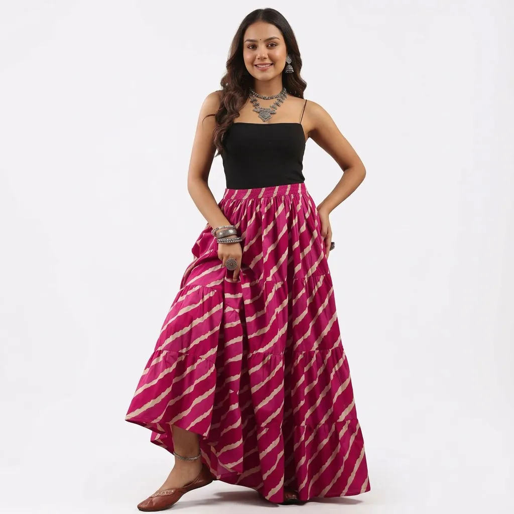 Skirts for Women – Rimeline Pink Printed Pure Cotton Maxi Flared Skirt