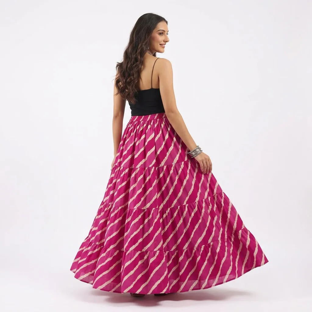 Skirts for Women – Rimeline Pink Printed Pure Cotton Maxi Flared Skirt