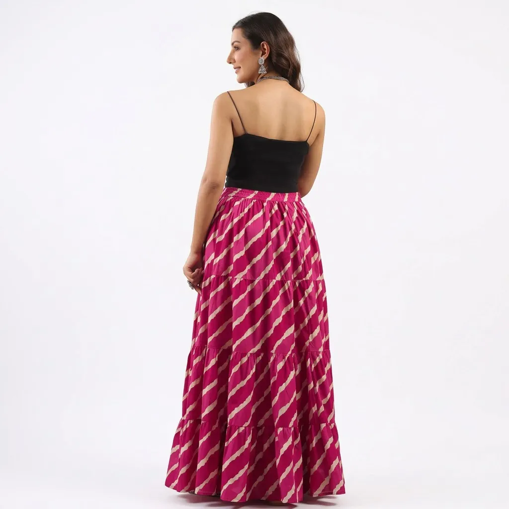 Skirts for Women – Rimeline Pink Printed Pure Cotton Maxi Flared Skirt