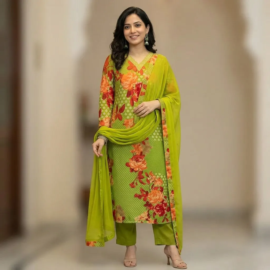 Vaamsi Salwar Suit for Women, Green Floral Silk Blend Kurta Set, Size S
