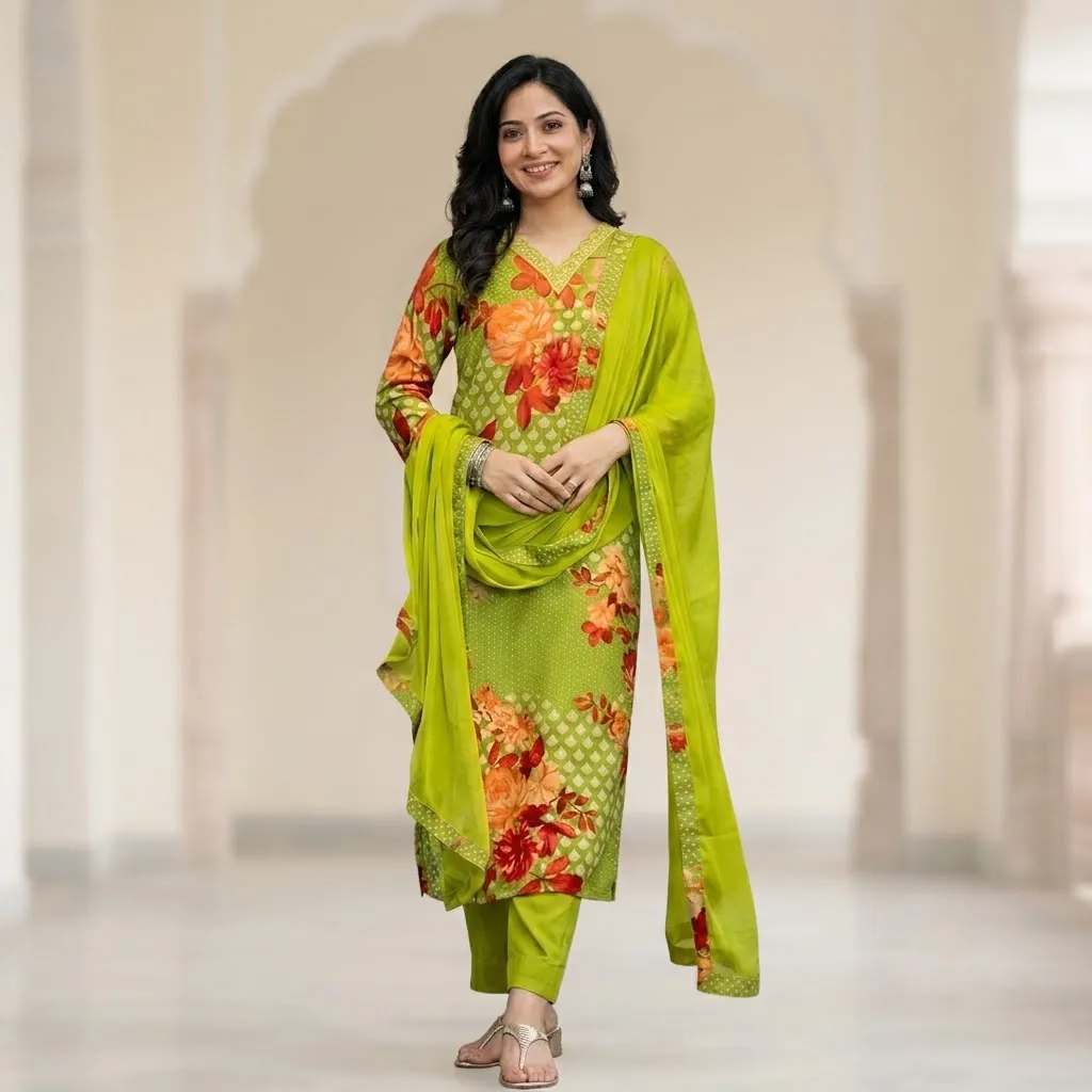 Vaamsi Salwar Suit for Women, Green Floral Silk Blend Kurta Set, Size S