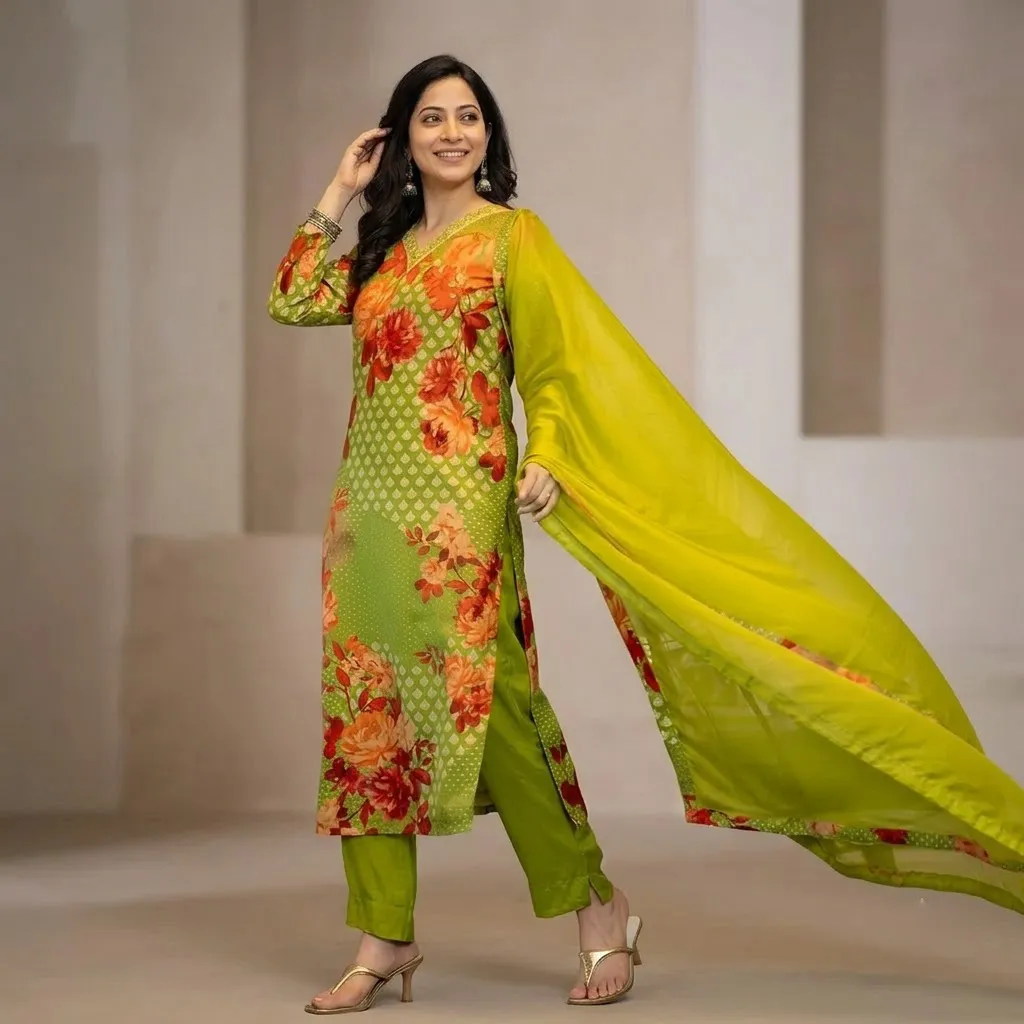 Vaamsi Salwar Suit for Women, Green Floral Silk Blend Kurta Set, Size S