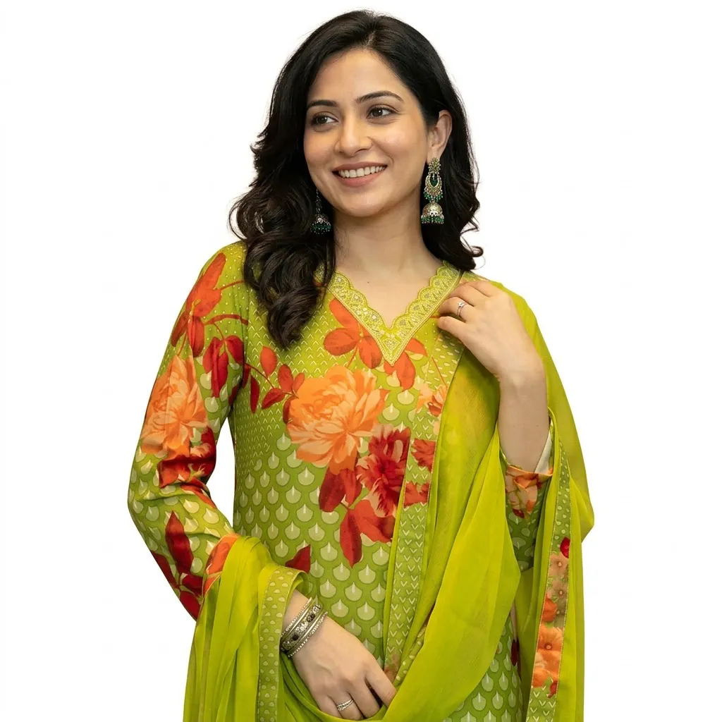 Vaamsi Salwar Suit for Women, Green Floral Silk Blend Kurta Set, Size S