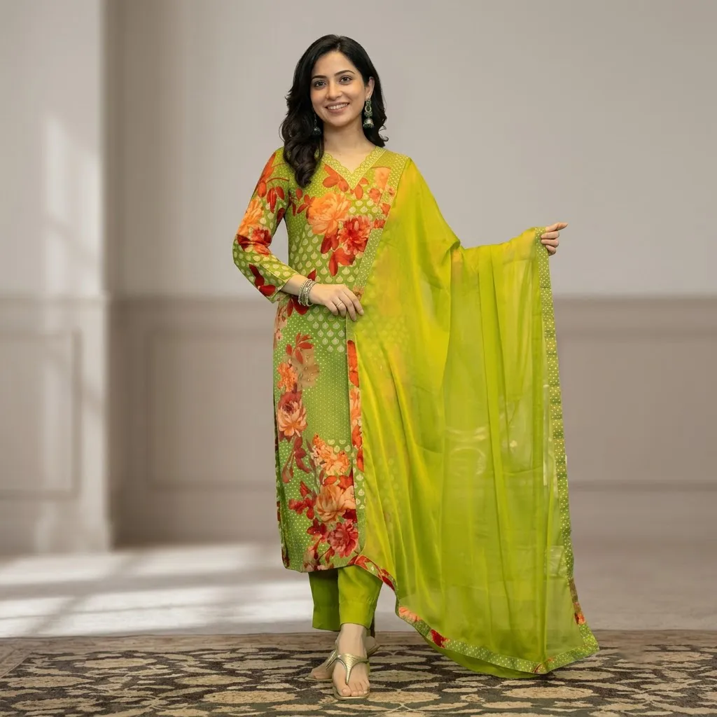 Vaamsi Salwar Suit for Women, Green Floral Silk Blend Kurta Set, Size S