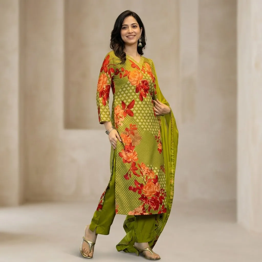 Vaamsi Salwar Suit for Women, Green Floral Silk Blend Kurta Set, Size S