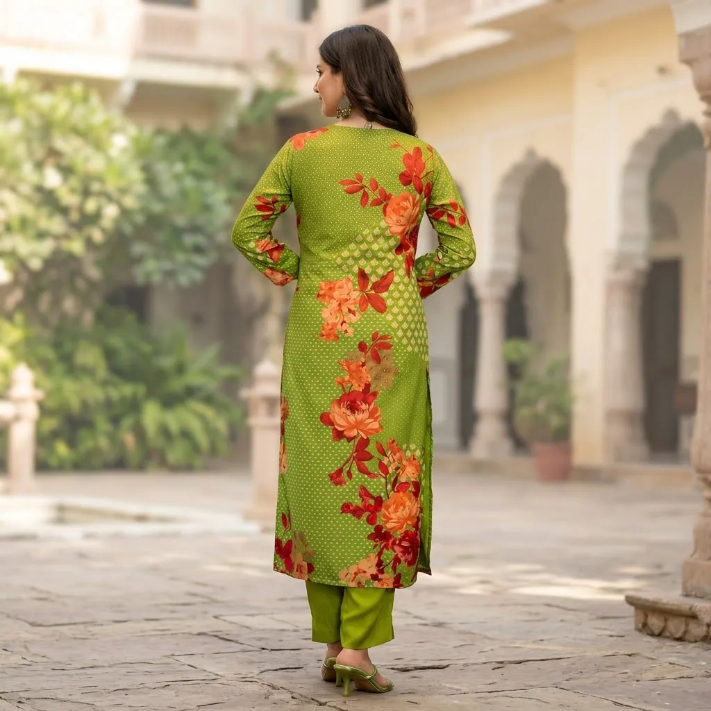 Vaamsi Salwar Suit for Women, Green Floral Silk Blend Kurta Set, Size S