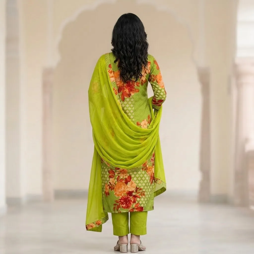 Vaamsi Salwar Suit for Women, Green Floral Silk Blend Kurta Set, Size S