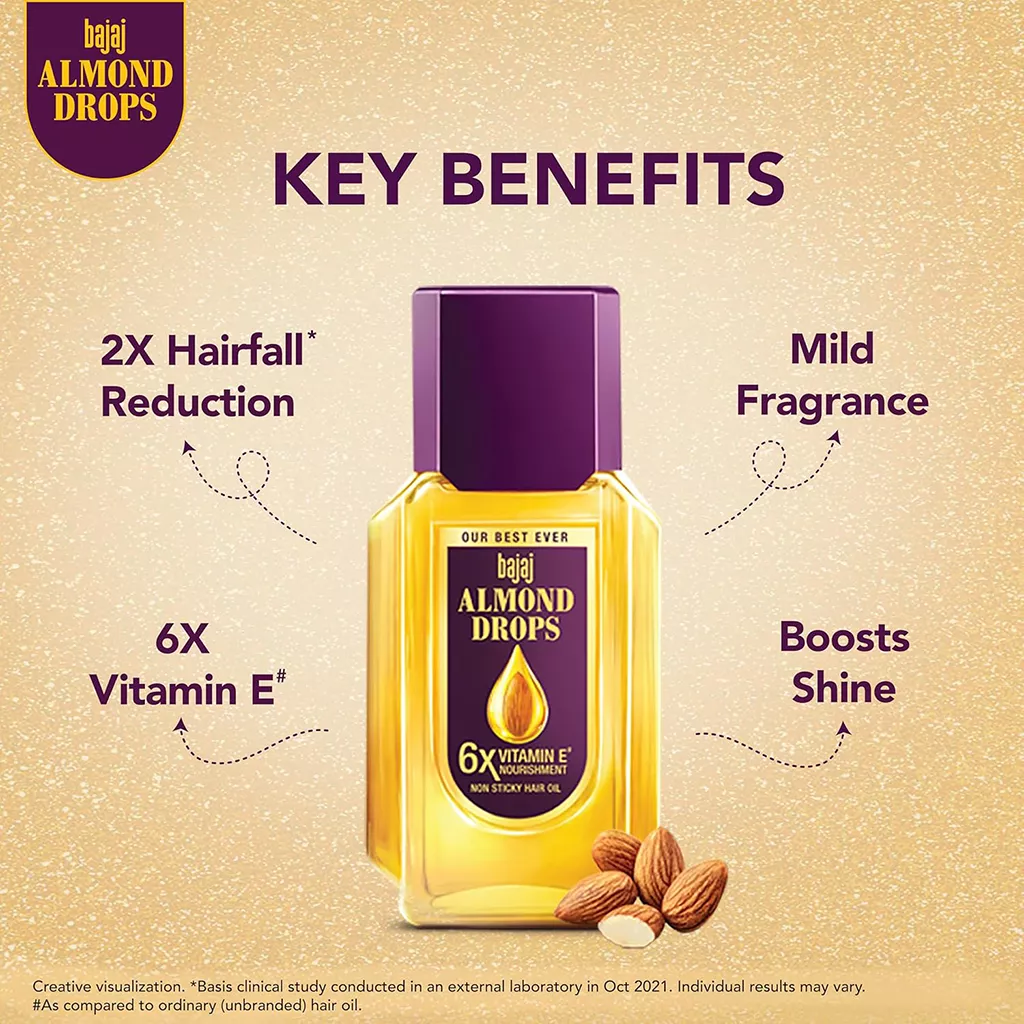 Almond Hair Oil - Bajaj Almond Drops 285ml, 6X Vitamin E, Hair Fall Control