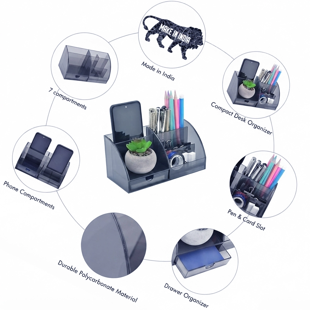 Desk Organizer for Home - Udgamy 7-Compartment Polycarbonate Pen Stand