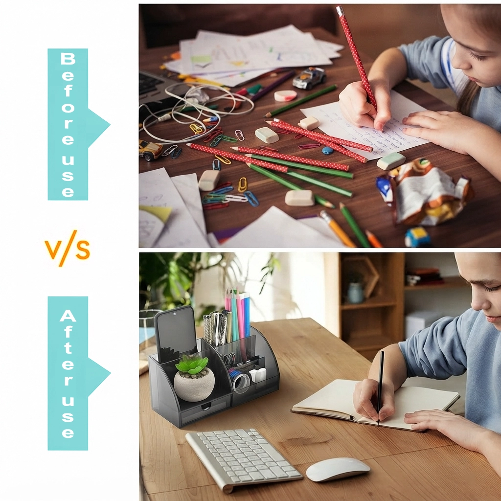 Desk Organizer for Home - Udgamy 7-Compartment Polycarbonate Pen Stand
