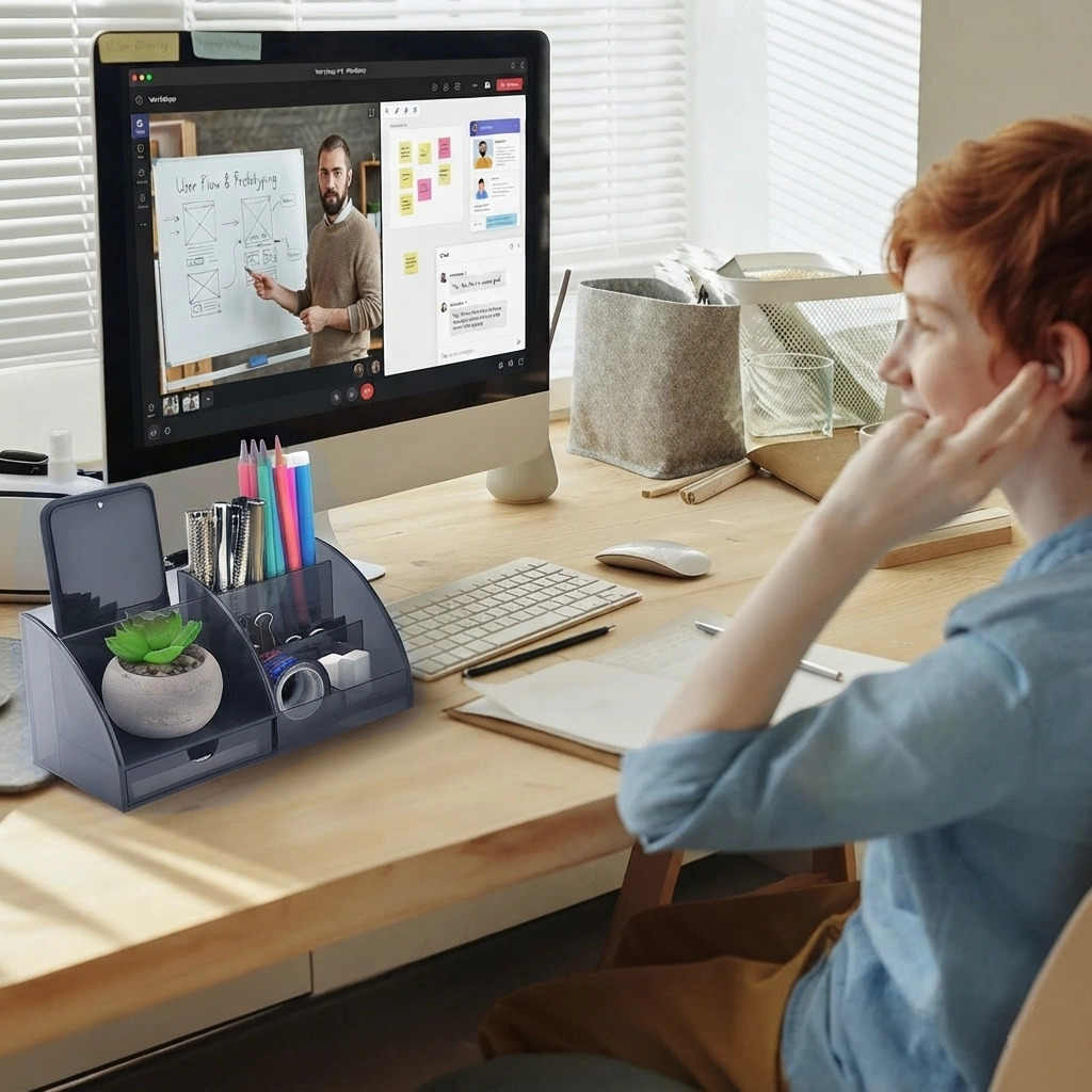 Desk Organizer for Home - Udgamy 7-Compartment Polycarbonate Pen Stand