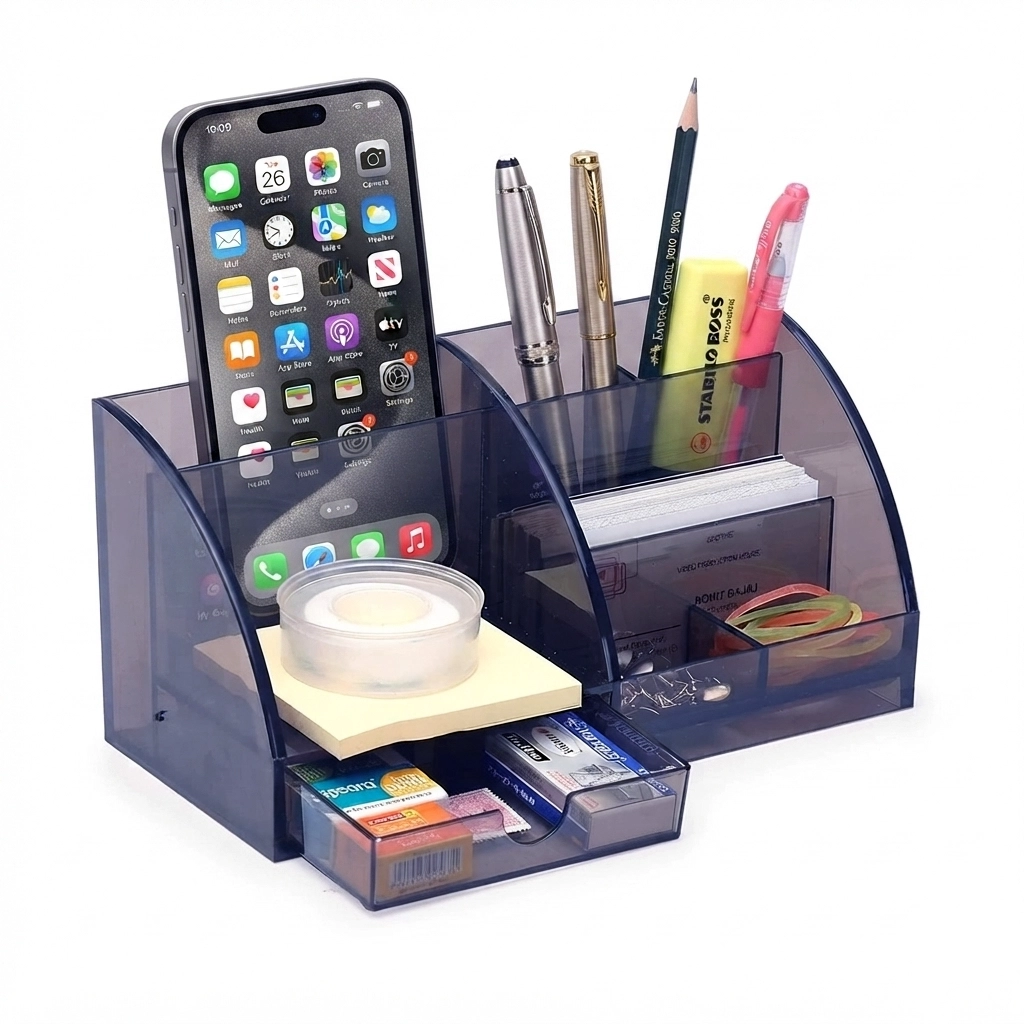 Desk Organizer for Home - Udgamy 7-Compartment Polycarbonate Pen Stand