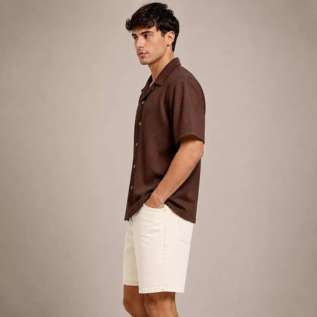 Casual Shirts for Men - Leriya Brown Textured Cuban Collar Half Sleeve Shirt, XL