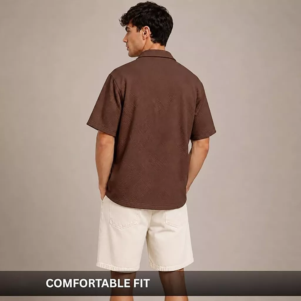 Casual Shirts for Men - Leriya Brown Textured Cuban Collar Half Sleeve Shirt, XL