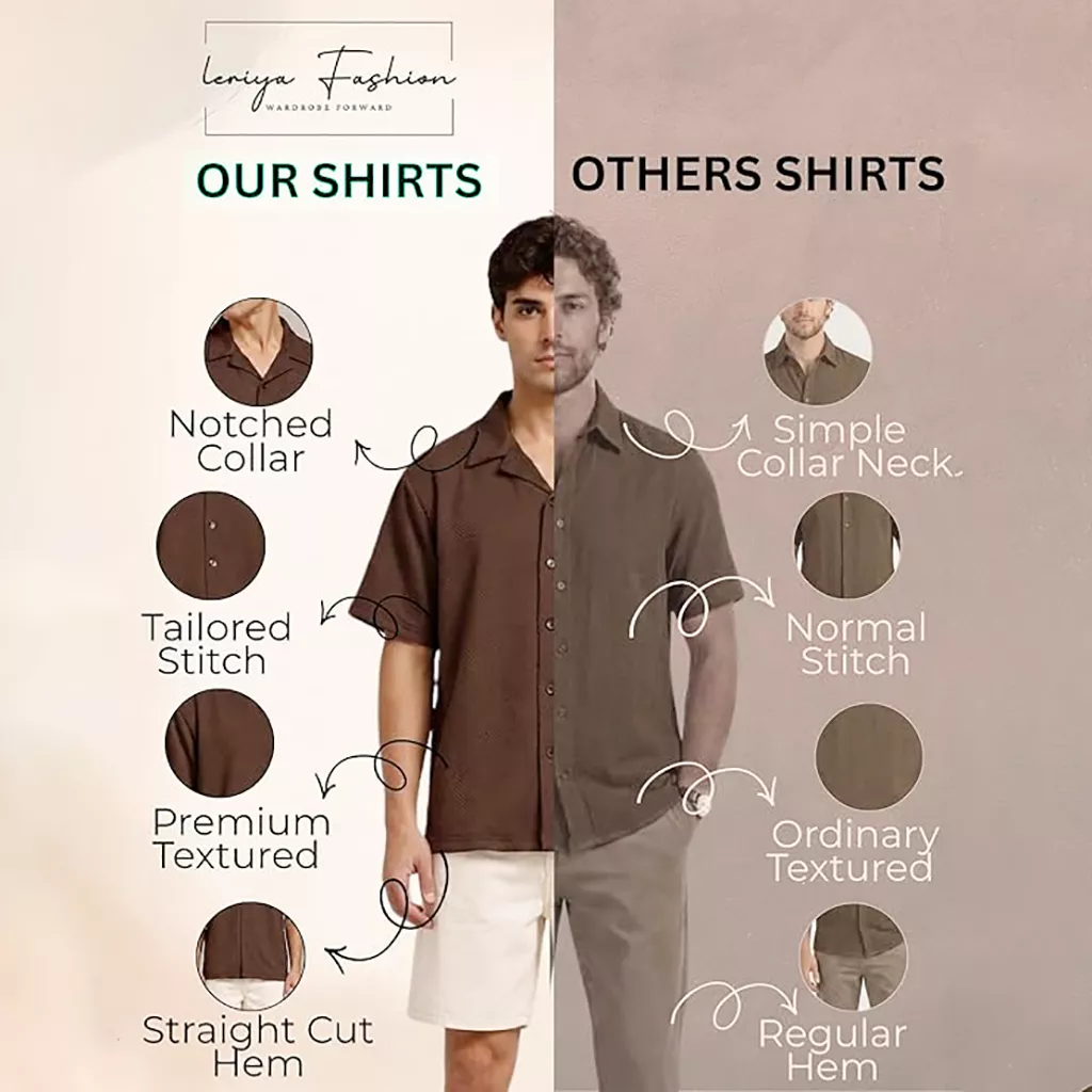 Casual Shirts for Men - Leriya Brown Textured Cuban Collar Half Sleeve Shirt, XL