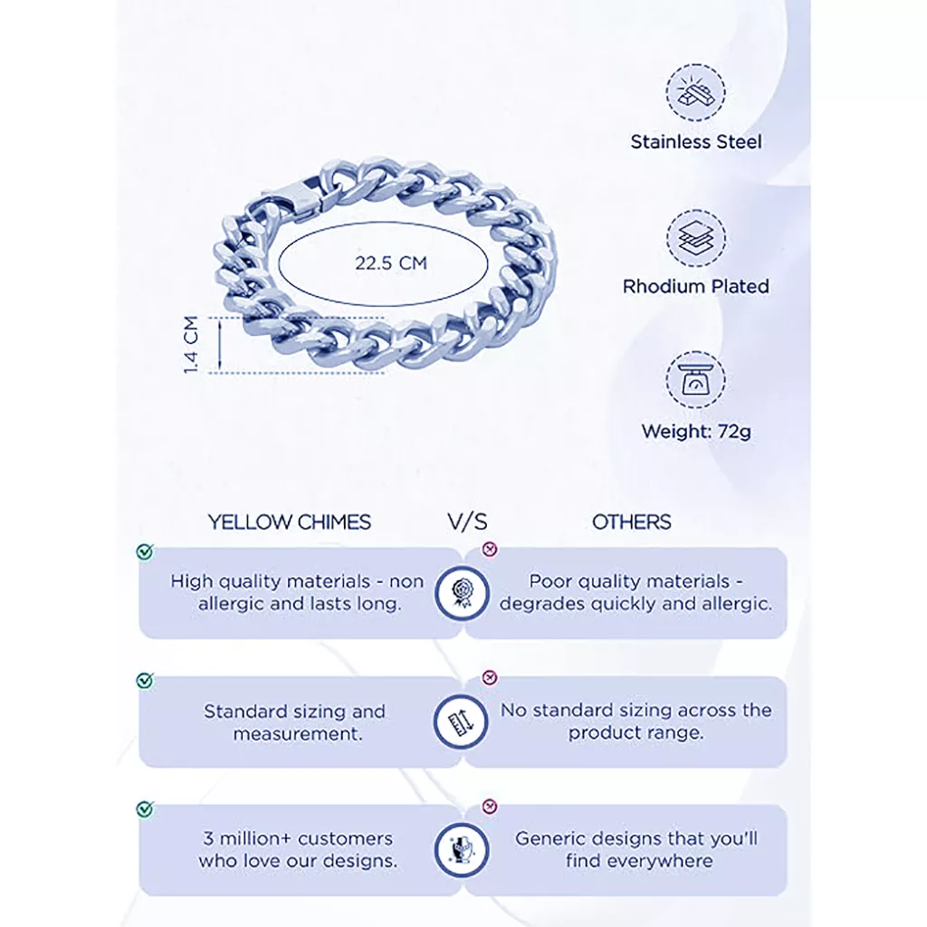 Chain Bracelet for Men & Boys | Generic Silver Cuban Style Stainless Steel Bracelet, 21 cm, 1 Count