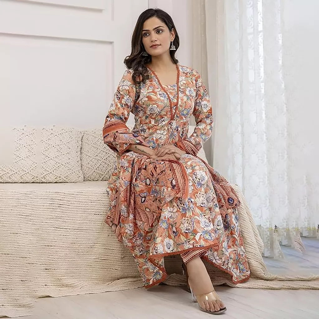 Ladies Kurtis Pink Cotton Anarkali Kurta Set with Dupatta for Women, 2XL